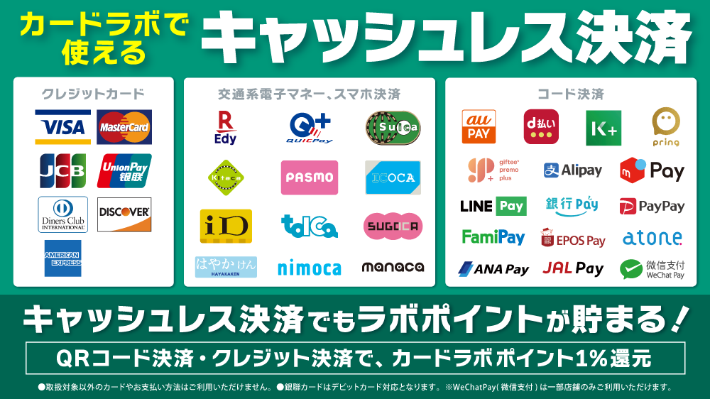 便利なキャッシュレス決済多数対応!カードラボ各店で、交通系電子マネーなどが利用可能に!