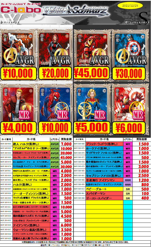 ヴァイス】WS-MARVEL買取情報【マーベル/アイアンマン/スパイダーマン