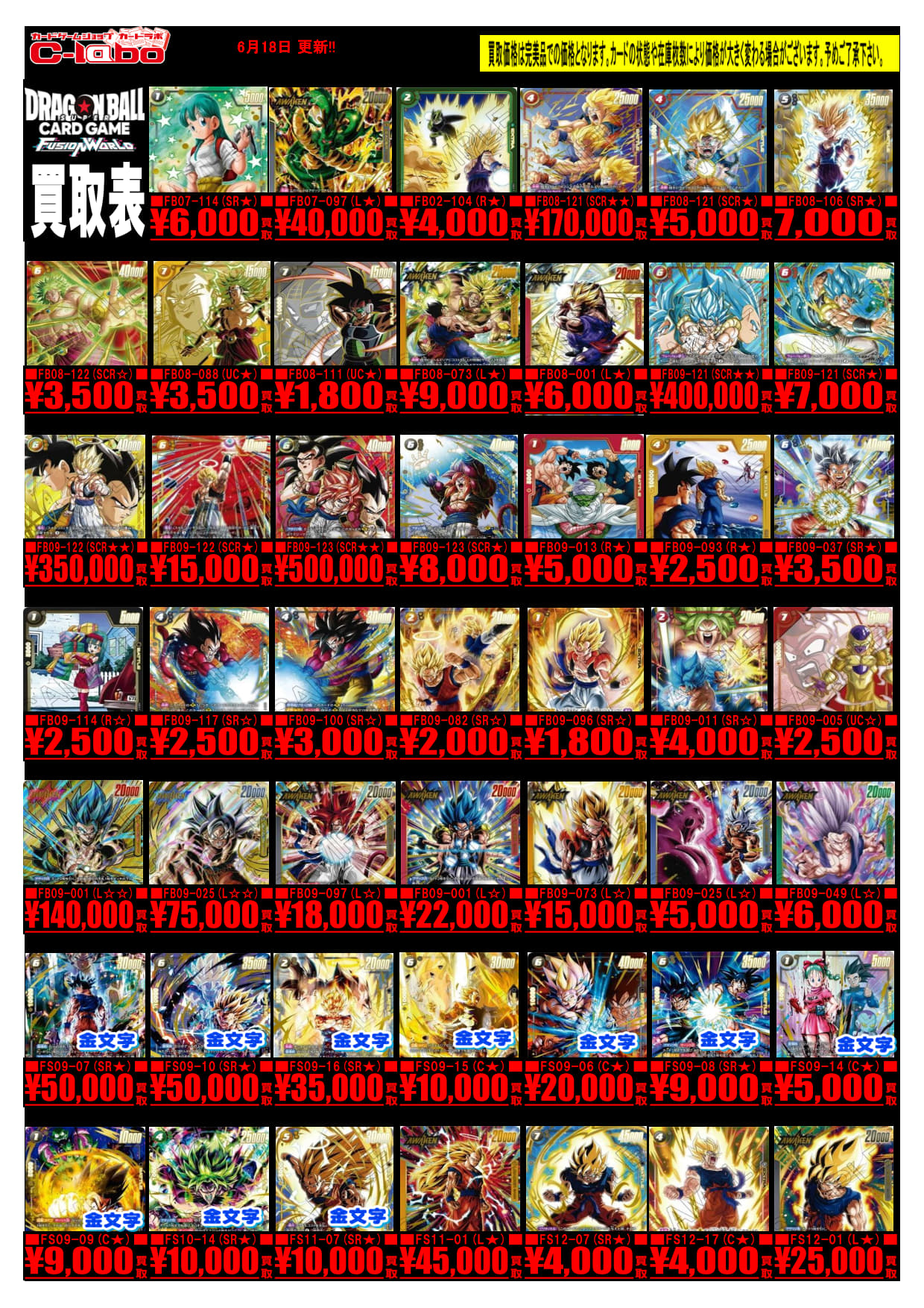 オタロード本店】ドラゴンボールフュージョンワールド買取表
