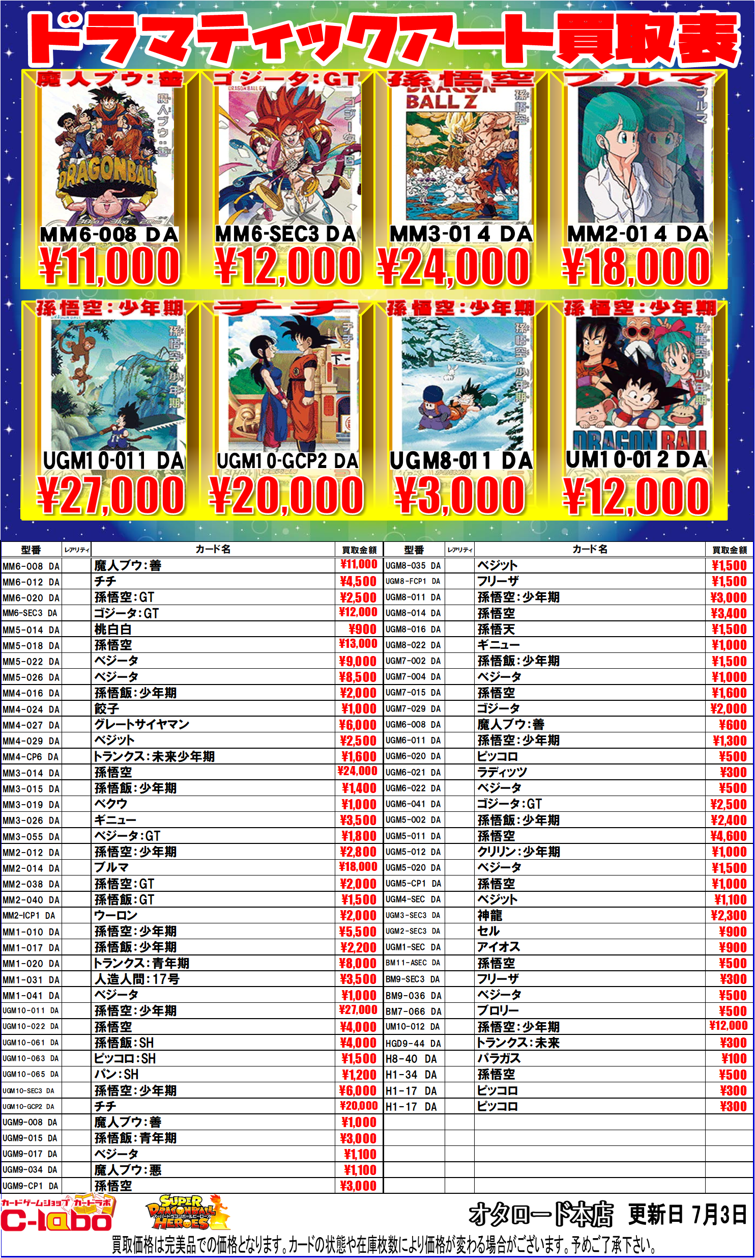 オタロード本店】ドラゴンボールスーパーダイバーズ/ヒーローズ買取表
